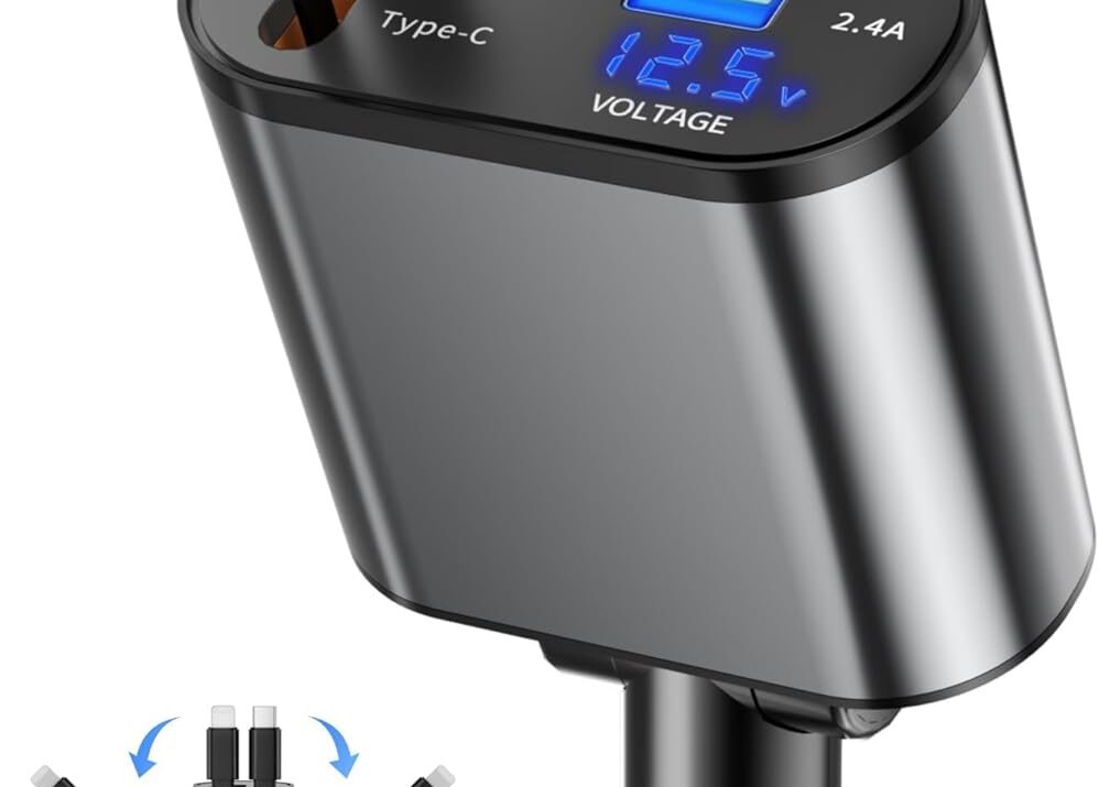 Retractable Car Charger, 4 in 1 Fast Charging Car Charger with USB-C & USB-A, Compatible with iPhone 17/16/15/14/13/12/11,Galaxy,Pixel, Car Accessories for Men Women Drivers